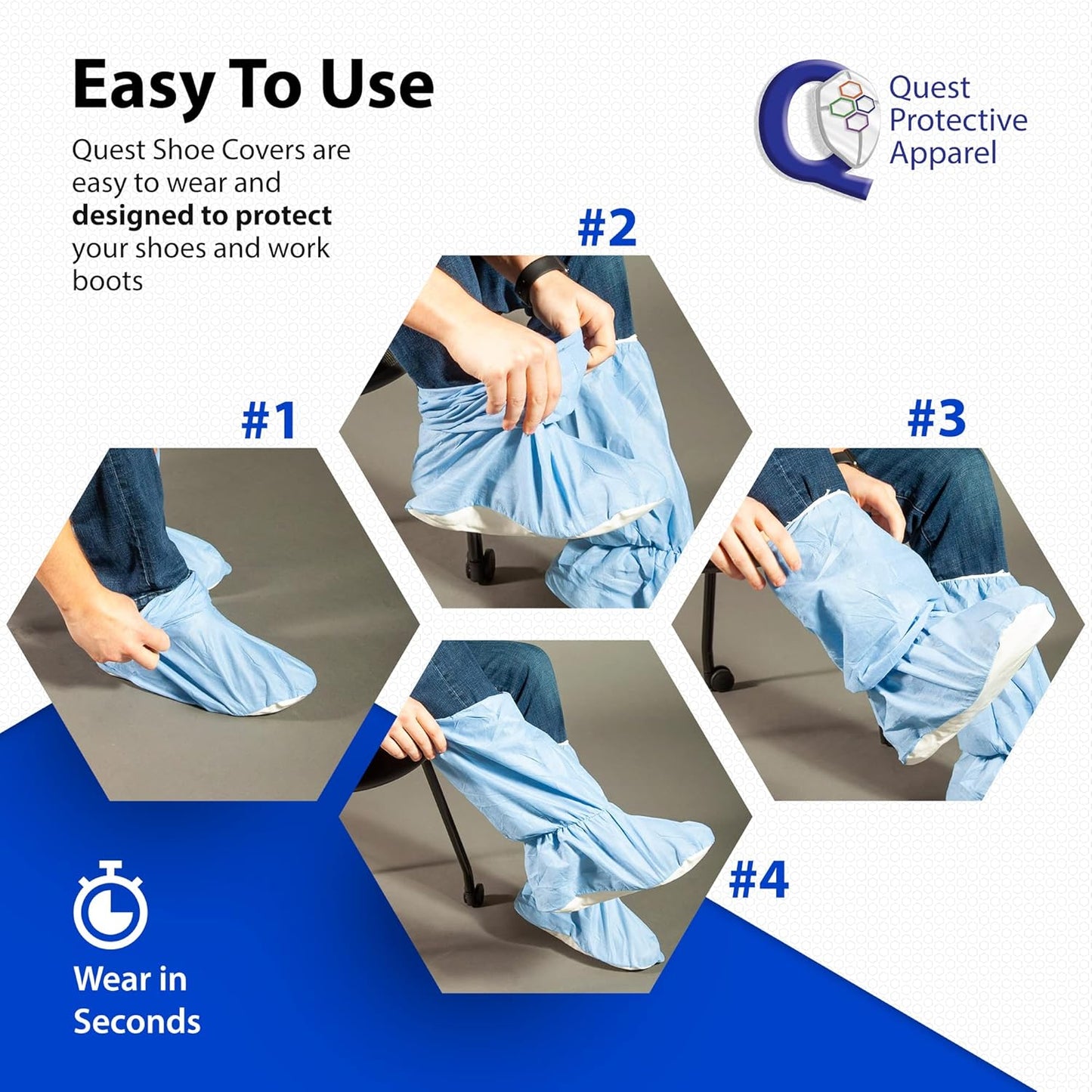 Quest Traction Disposable Boot and Shoe Covers - 18" Tall Non-Slip Protectors - Water and Skid Resistant Boot Protector - Hazmat Shoe Covers - Blue, X-Large, Pack of 50 Pairs