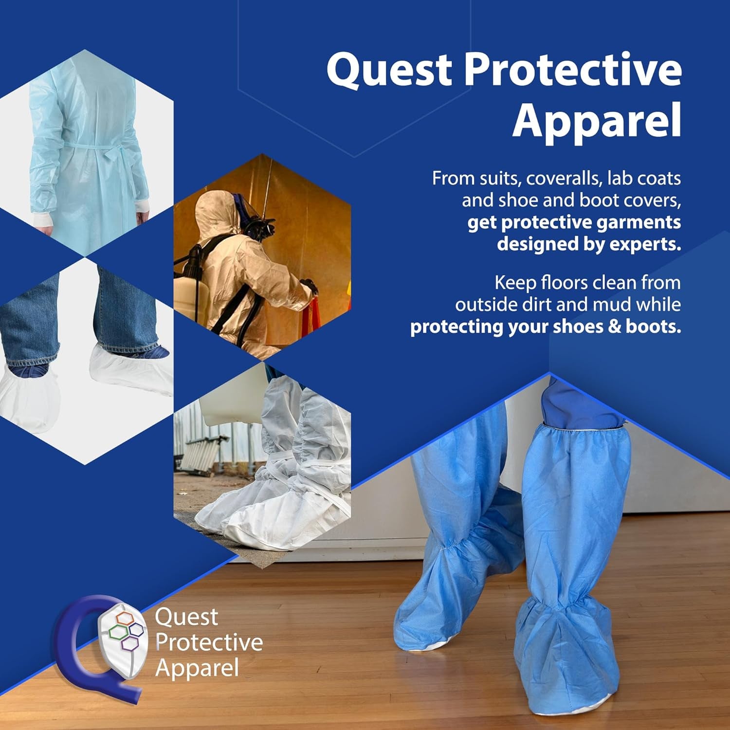 Quest Traction Disposable Boot and Shoe Covers - 18" Tall Non-Slip Protectors - Water and Skid Resistant Boot Protector - Hazmat Shoe Covers - Blue, X-Large, Pack of 50 Pairs