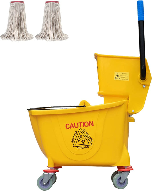 MATTHEW CLEANING Commercial Mop Bucket INCL.2 Pack Mop Head with Side Press Wringer on Wheels,Heavy Duty Tandem Portable Floor Cleaning Wavebrake,Ideal for Household,Industrial,Restaurant,34 Quart