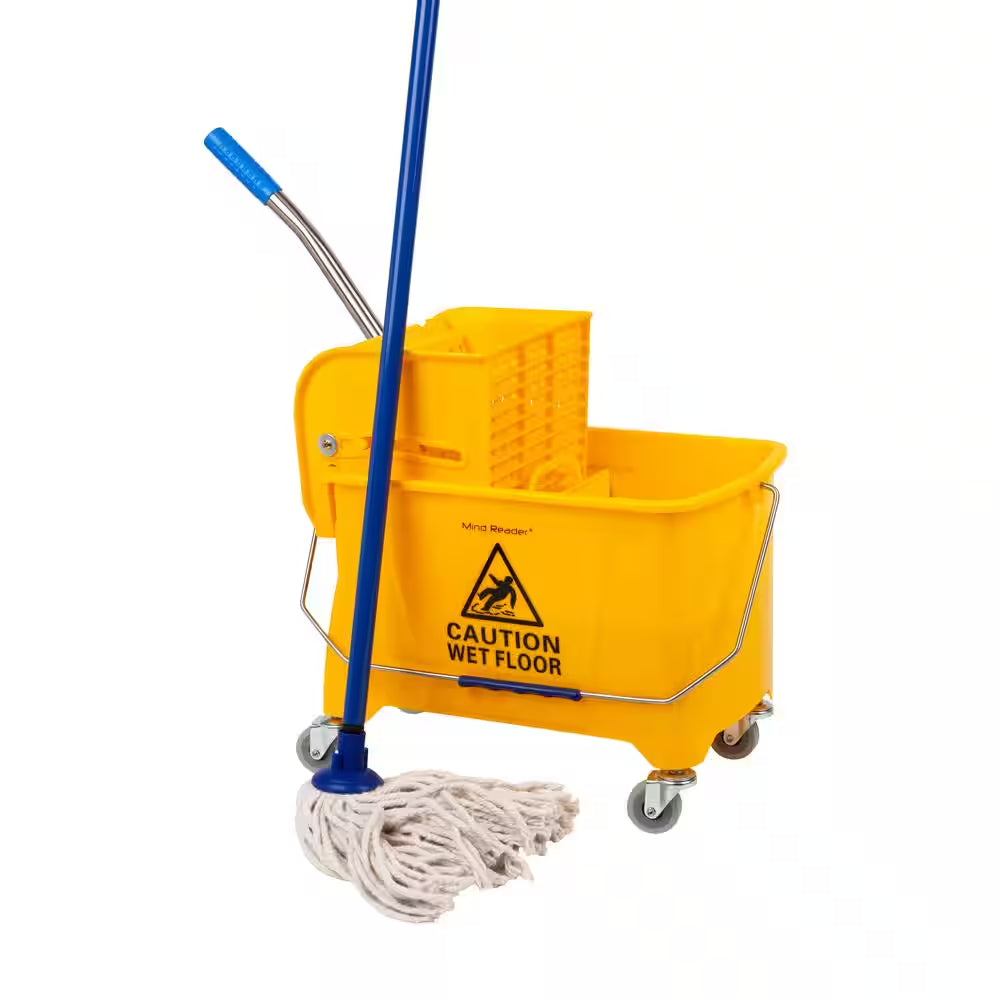 5.5 Gal. Yellow Plastic Mop Bucket with Wringer Floor Cleaning, Handle, Wheels, 16.25 In. L X 10.75 In. W X 24.5 In. H