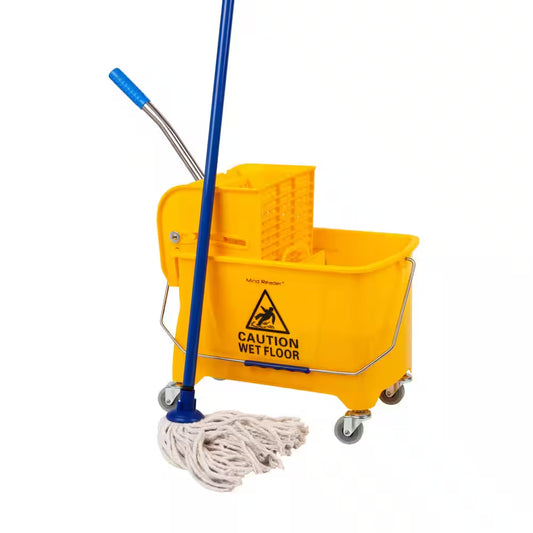 5.5 Gal. Yellow Plastic Mop Bucket with Wringer Floor Cleaning, Handle, Wheels, 16.25 In. L X 10.75 In. W X 24.5 In. H