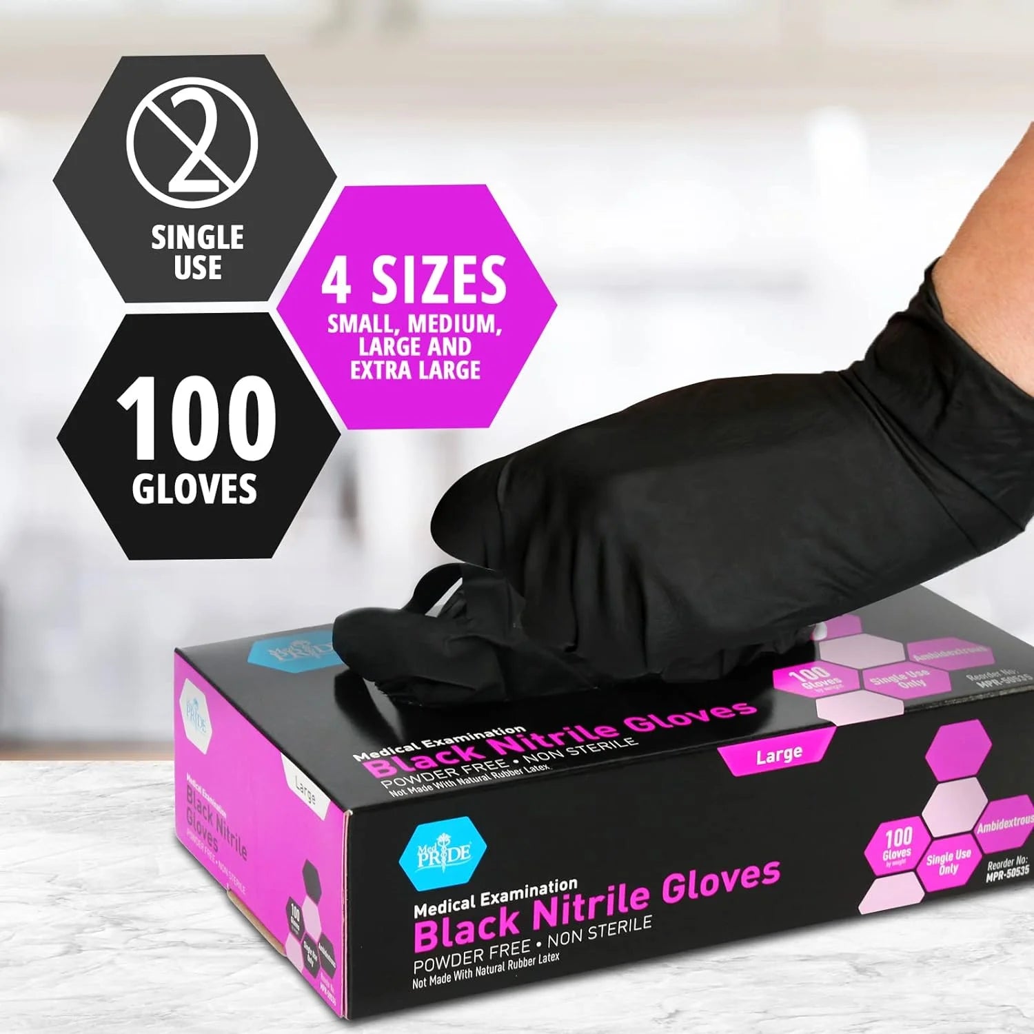 Nitrile Gloves Powder-Free Medical Examination Disposable Gloves, XL, Black, 100-Pack