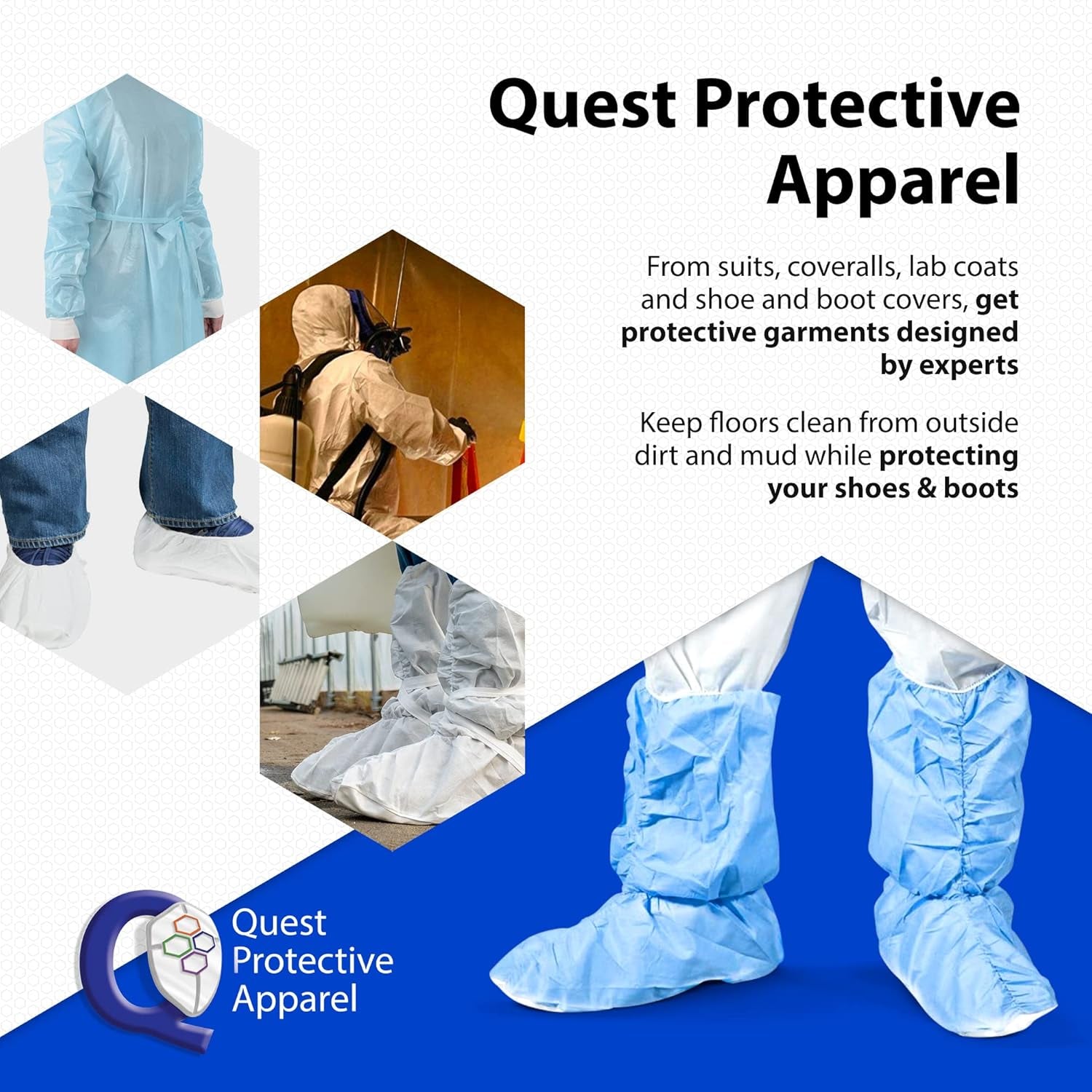 Quest Traction Disposable Boot and Shoe Covers - 18" Tall Non-Slip Protectors - Water and Skid Resistant Boot Protector - Hazmat Shoe Covers - Blue, X-Large, Pack of 50 Pairs