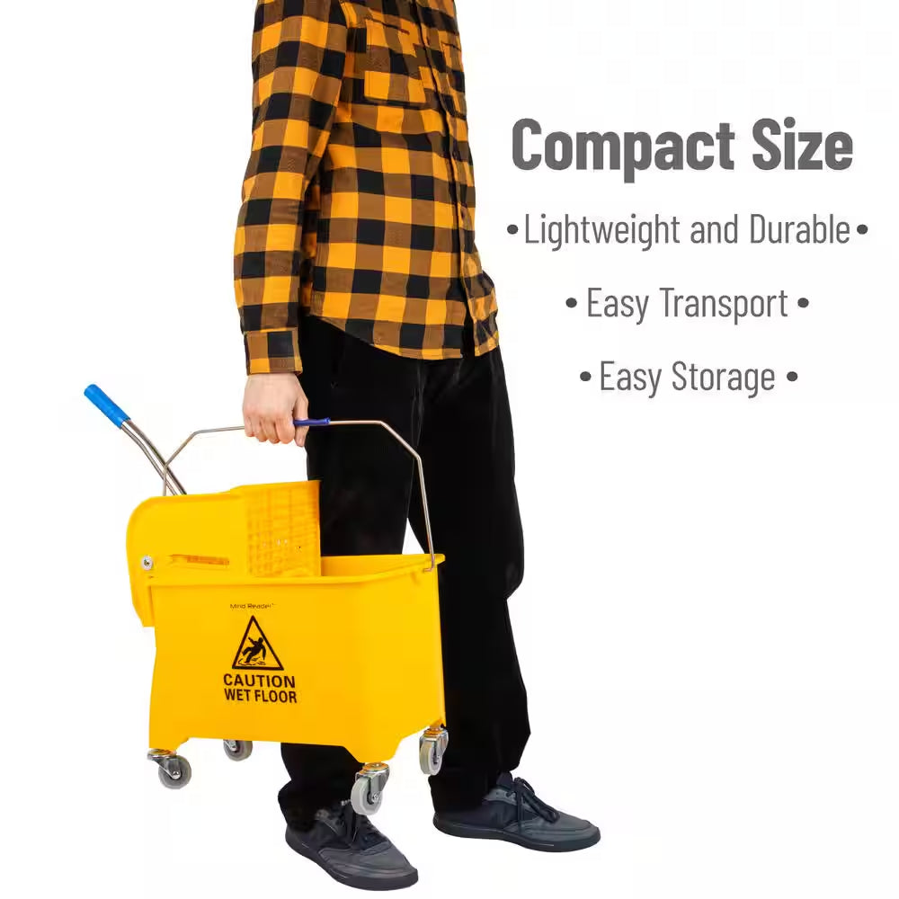 5.5 Gal. Yellow Plastic Mop Bucket with Wringer Floor Cleaning, Handle, Wheels, 16.25 In. L X 10.75 In. W X 24.5 In. H