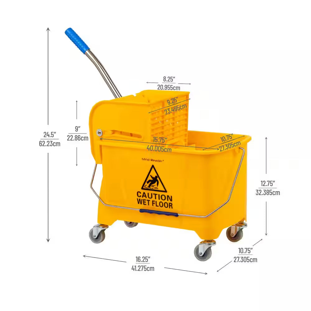 5.5 Gal. Yellow Plastic Mop Bucket with Wringer Floor Cleaning, Handle, Wheels, 16.25 In. L X 10.75 In. W X 24.5 In. H