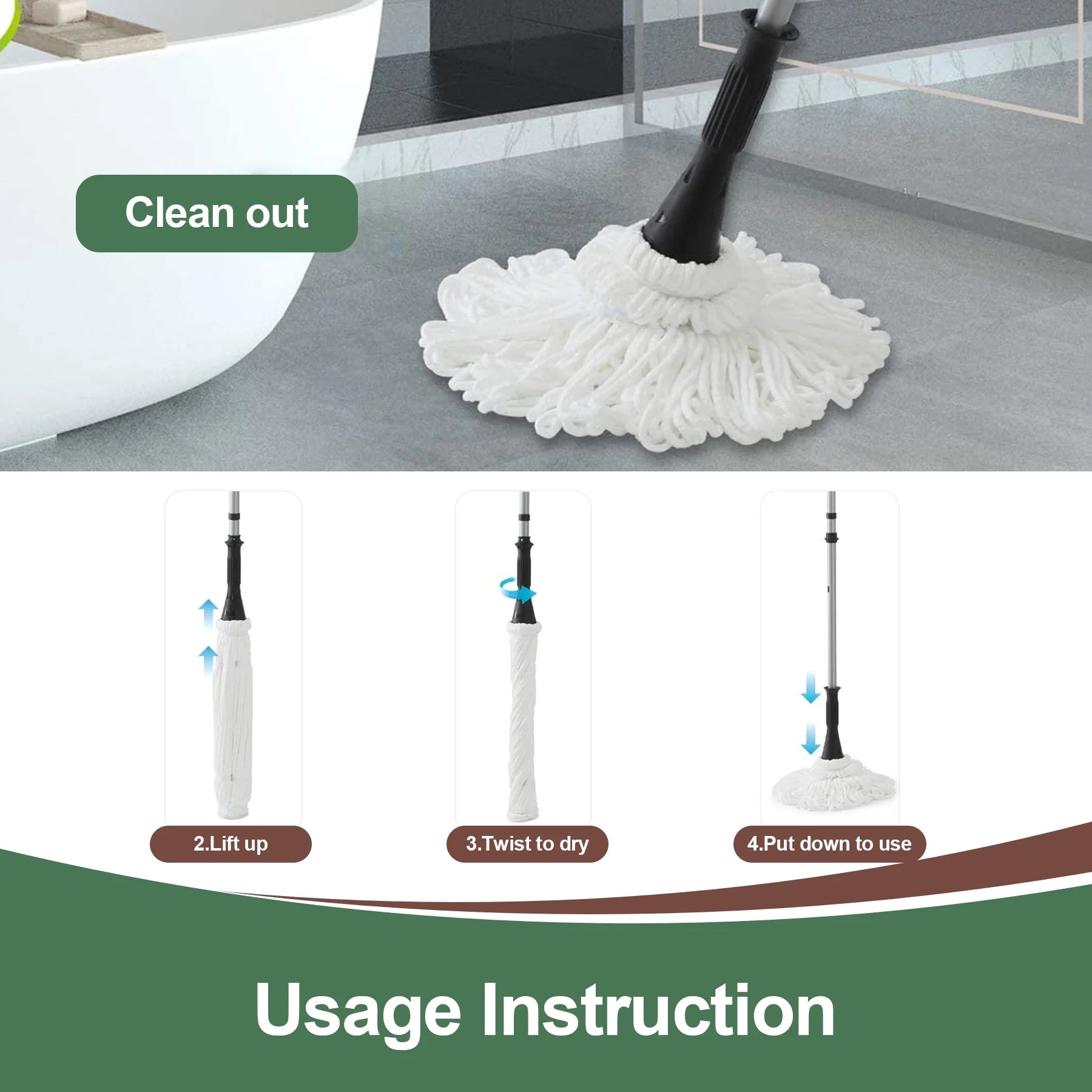 Cotton Twist Mop for Floor Cleaning with 2 Reusable Heads, 57.5 Inch Silver Long Handle, White Color