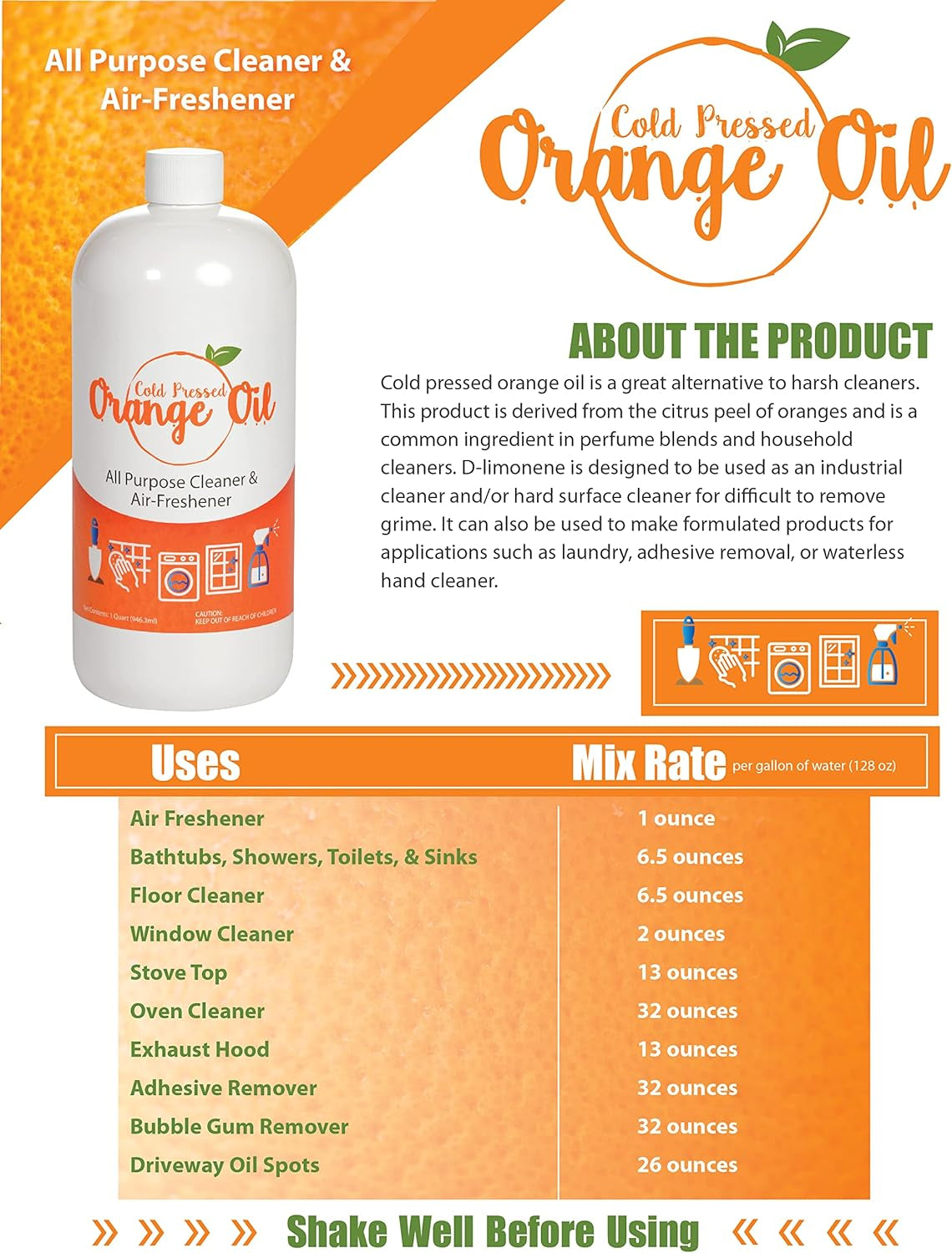 Premium Cold Pressed Orange Oil Concentrate- 32 Oz (D-Limonene), Concentrated Al