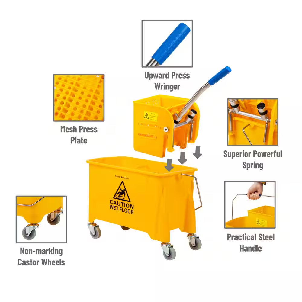 5.5 Gal. Yellow Plastic Mop Bucket with Wringer Floor Cleaning, Handle, Wheels, 16.25 In. L X 10.75 In. W X 24.5 In. H