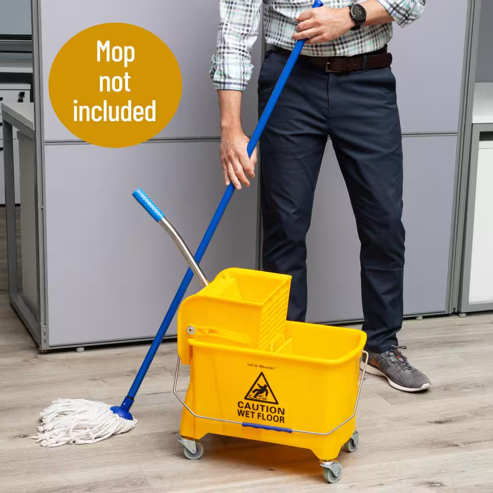 5.5 Gal. Yellow Plastic Mop Bucket with Wringer Floor Cleaning, Handle, Wheels, 16.25 In. L X 10.75 In. W X 24.5 In. H