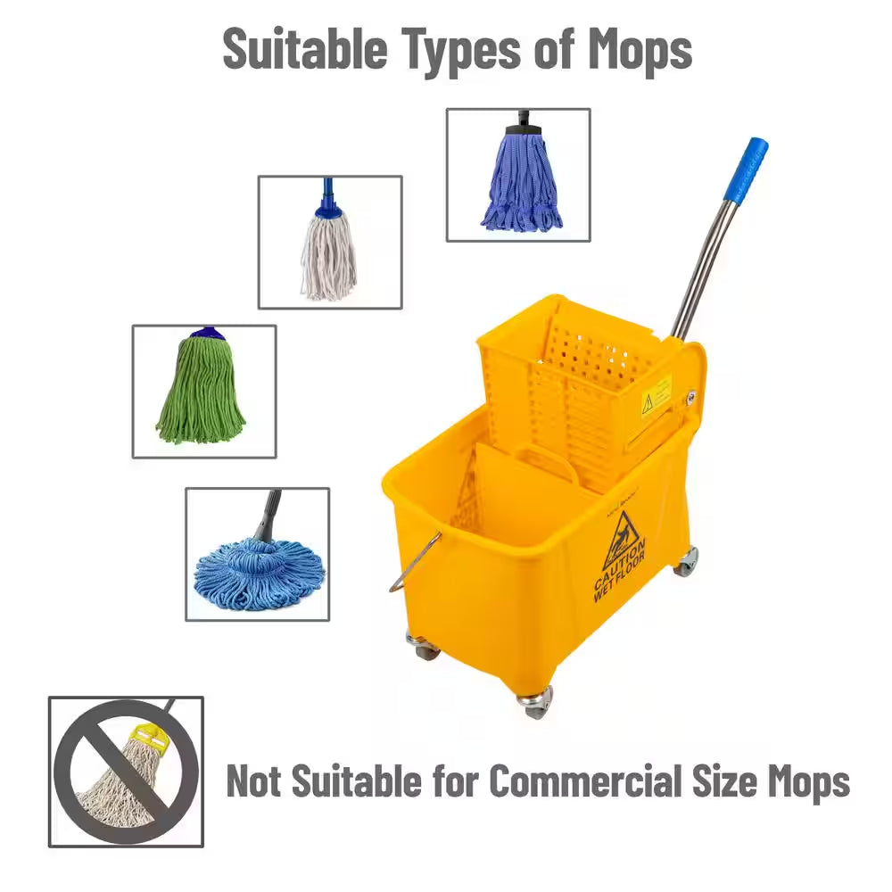 5.5 Gal. Yellow Plastic Mop Bucket with Wringer Floor Cleaning, Handle, Wheels, 16.25 In. L X 10.75 In. W X 24.5 In. H