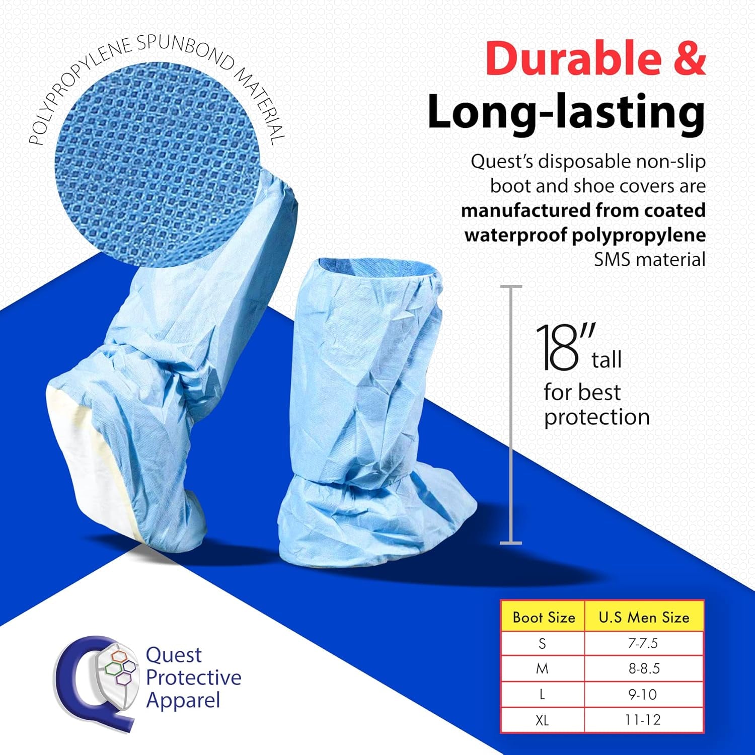 Quest Traction Disposable Boot and Shoe Covers - 18" Tall Non-Slip Protectors - Water and Skid Resistant Boot Protector - Hazmat Shoe Covers - Blue, X-Large, Pack of 50 Pairs
