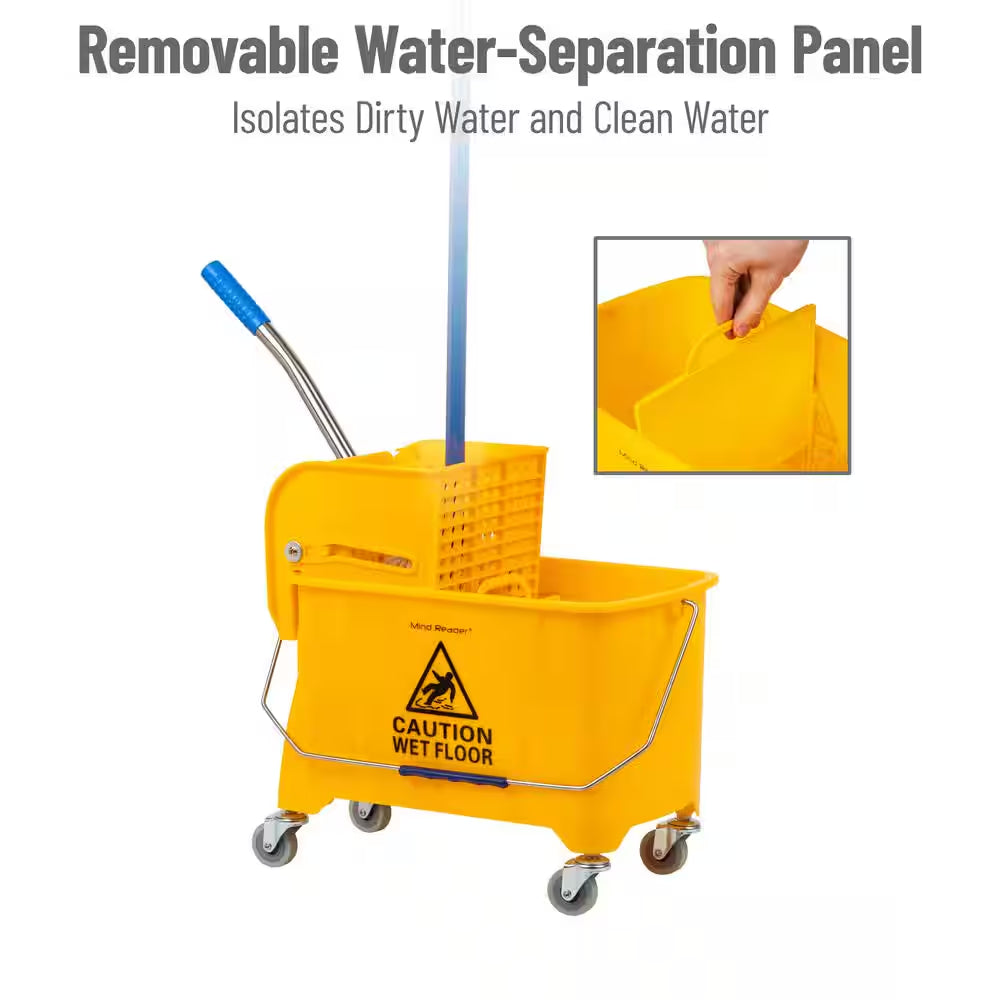 5.5 Gal. Yellow Plastic Mop Bucket with Wringer Floor Cleaning, Handle, Wheels, 16.25 In. L X 10.75 In. W X 24.5 In. H
